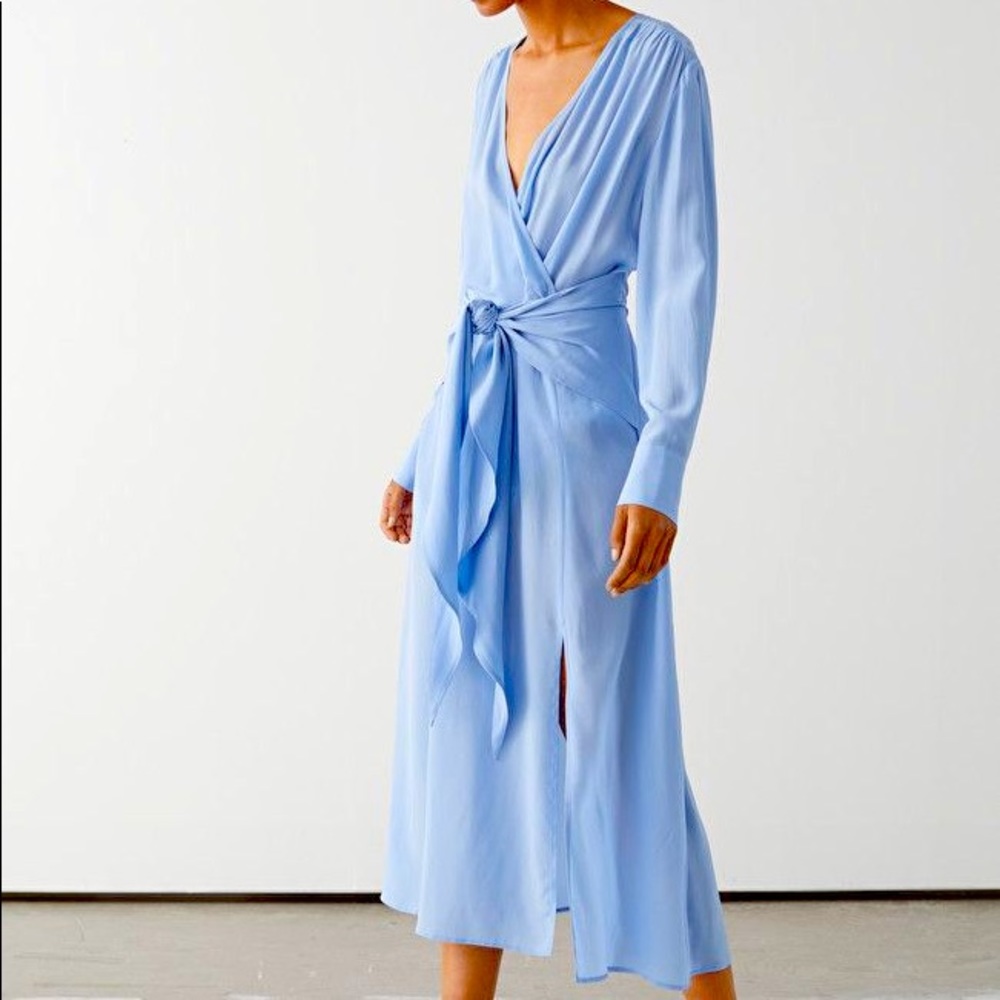 * SOLD * & Other Stories Powder Blue Faux Wrap Scarf Tie Flowy Midi Dress 10